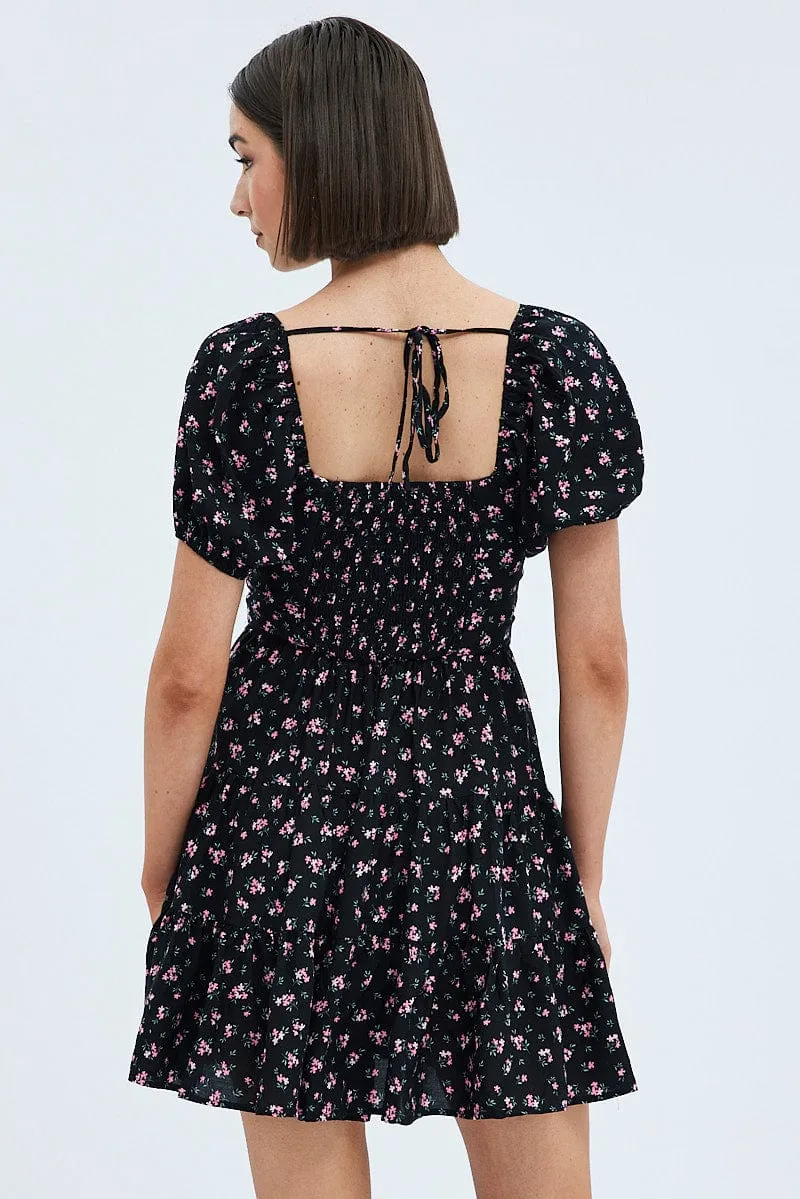 Black Floral Fit And Flare Dress Puff Sleeve Mini