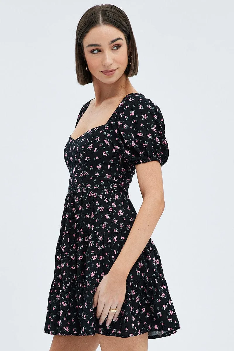 Black Floral Fit And Flare Dress Puff Sleeve Mini