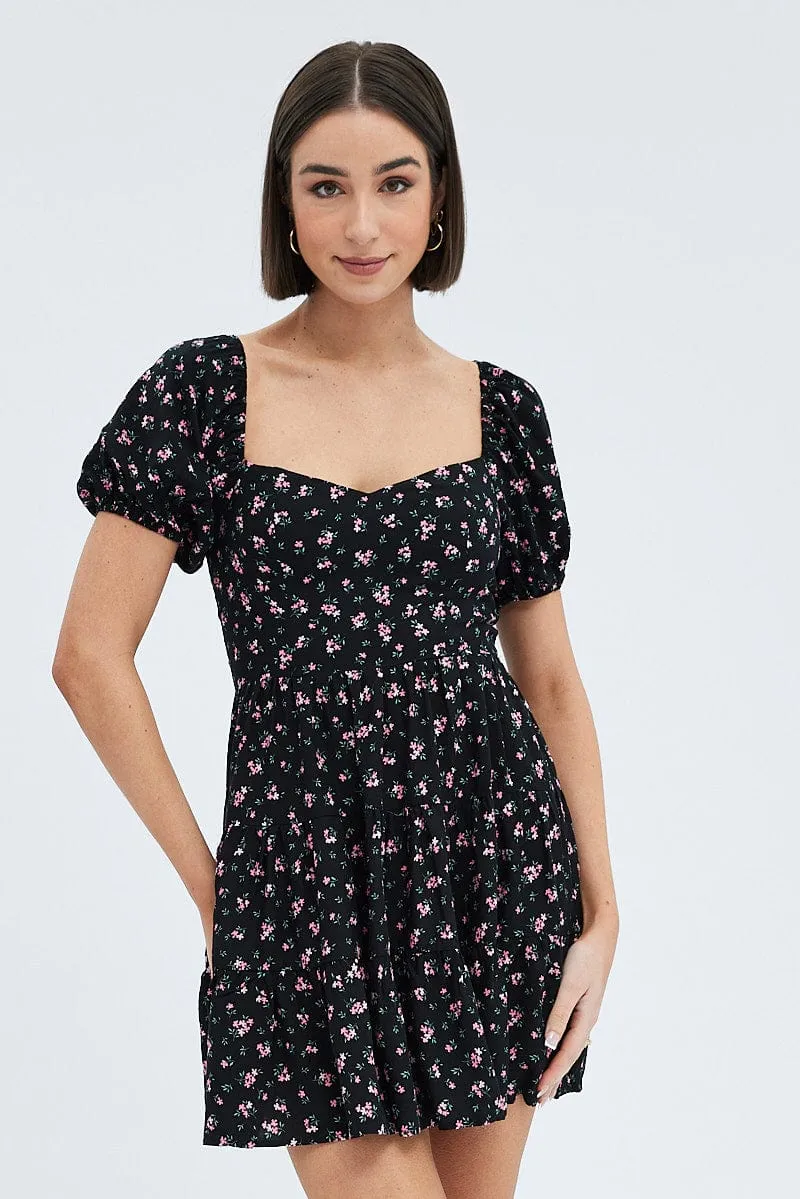 Black Floral Fit And Flare Dress Puff Sleeve Mini