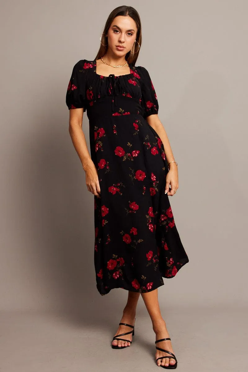 Black Floral Midi Dress Puff Sleeve Midi