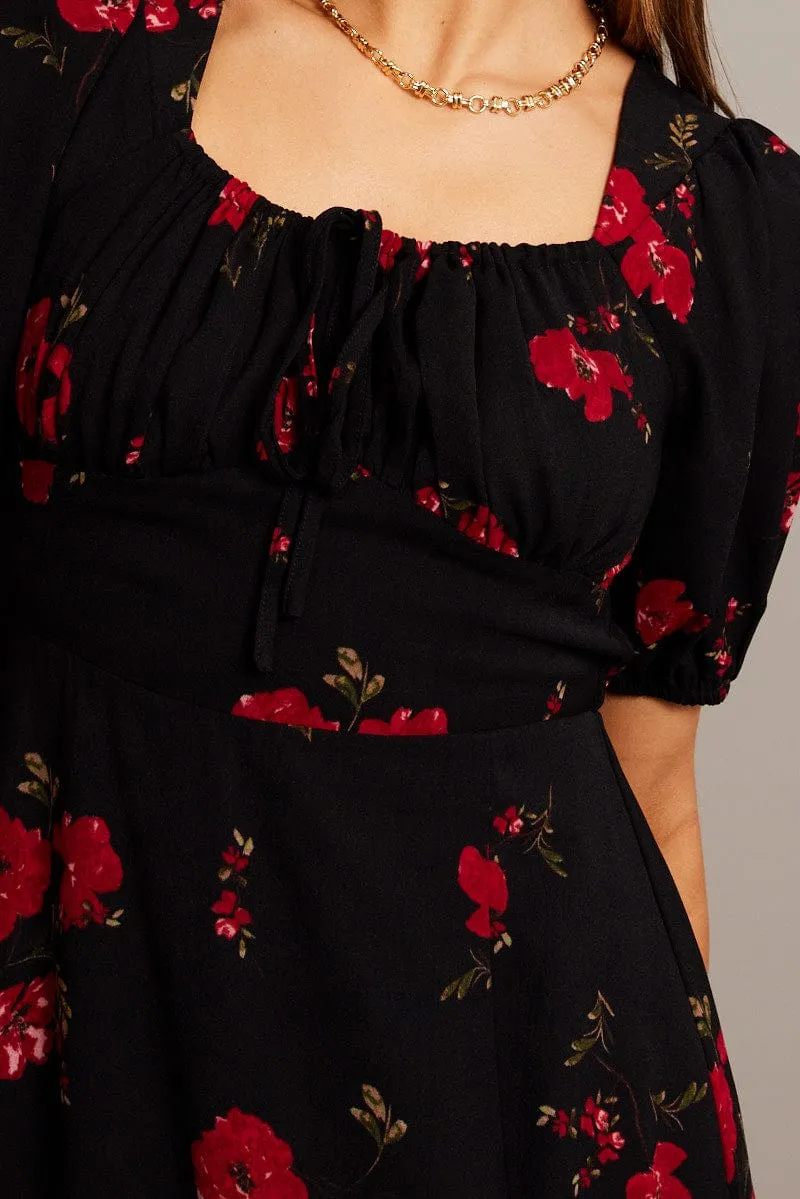 Black Floral Midi Dress Puff Sleeve Midi