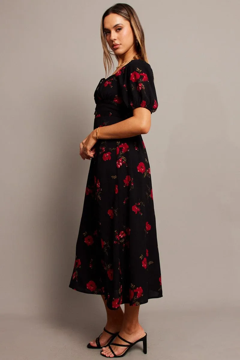 Black Floral Midi Dress Puff Sleeve Midi