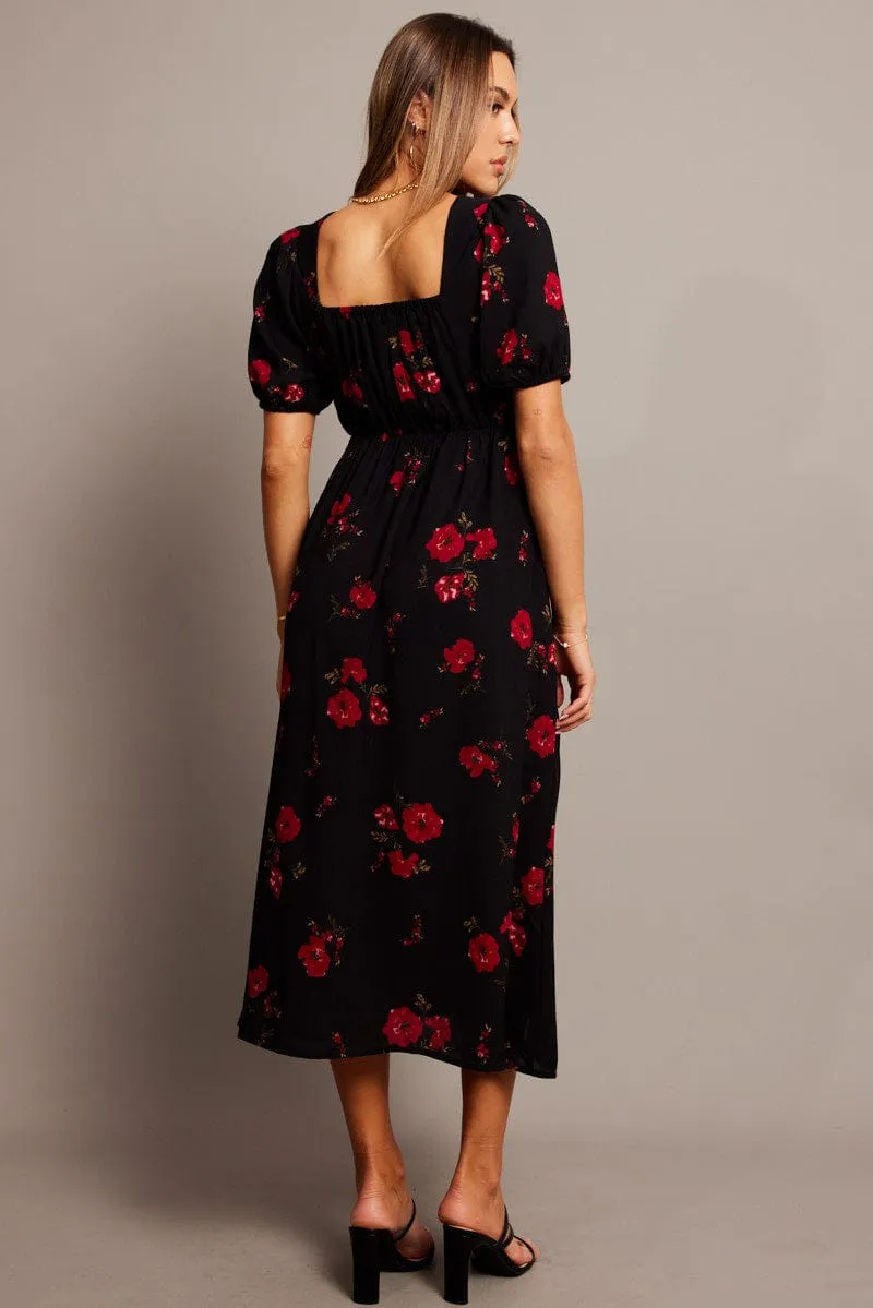 Black Floral Midi Dress Puff Sleeve Midi