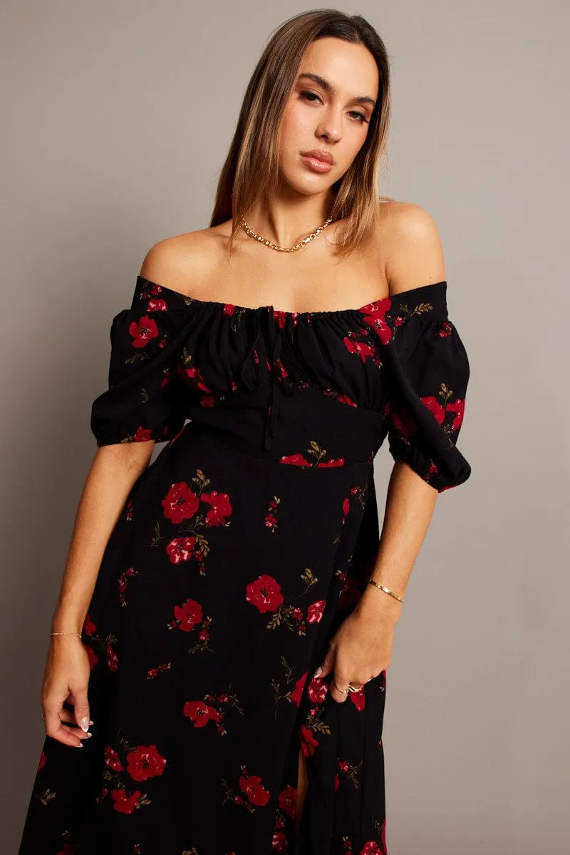 Black Floral Midi Dress Puff Sleeve Midi