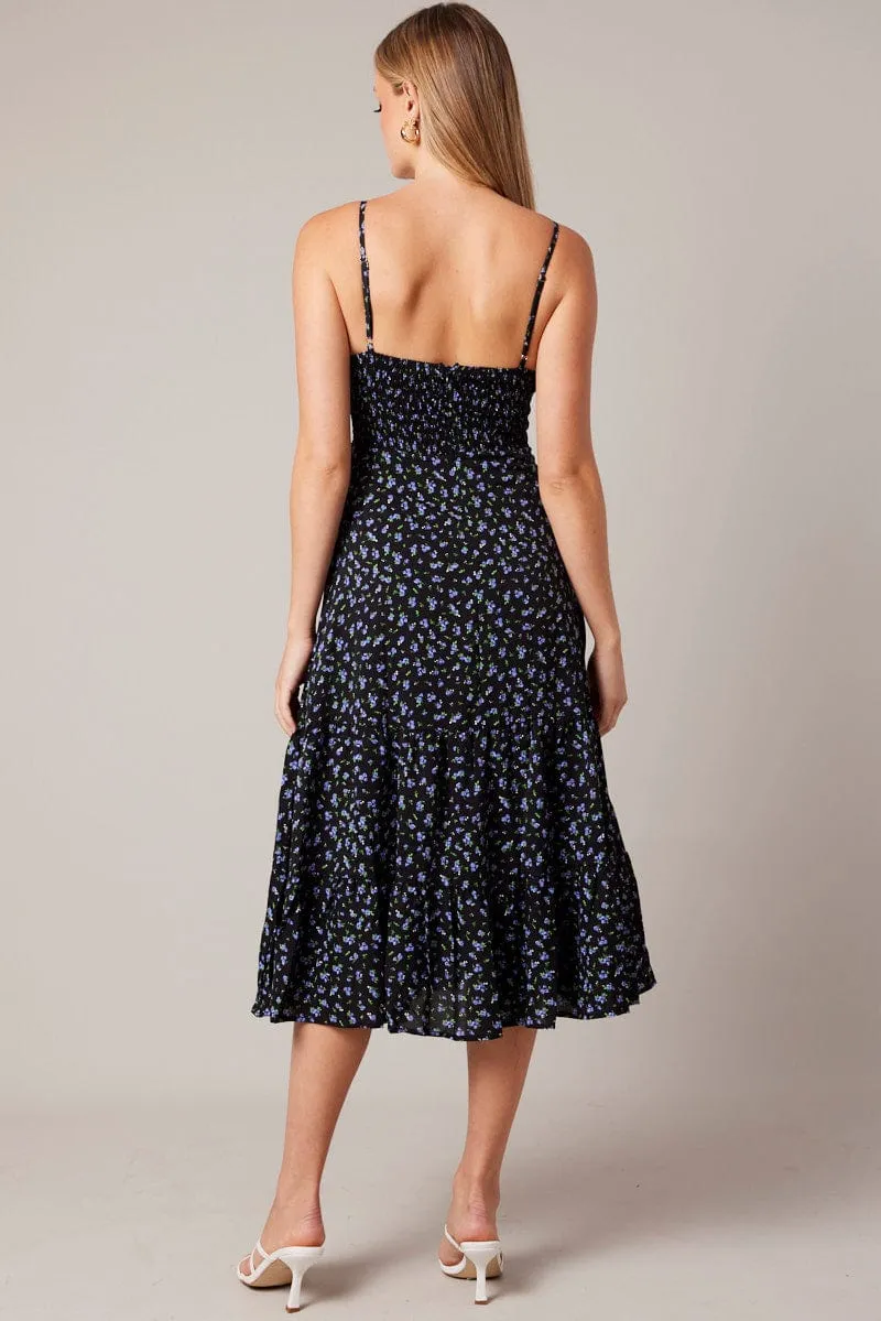 Black Floral Midi Dress Strappy