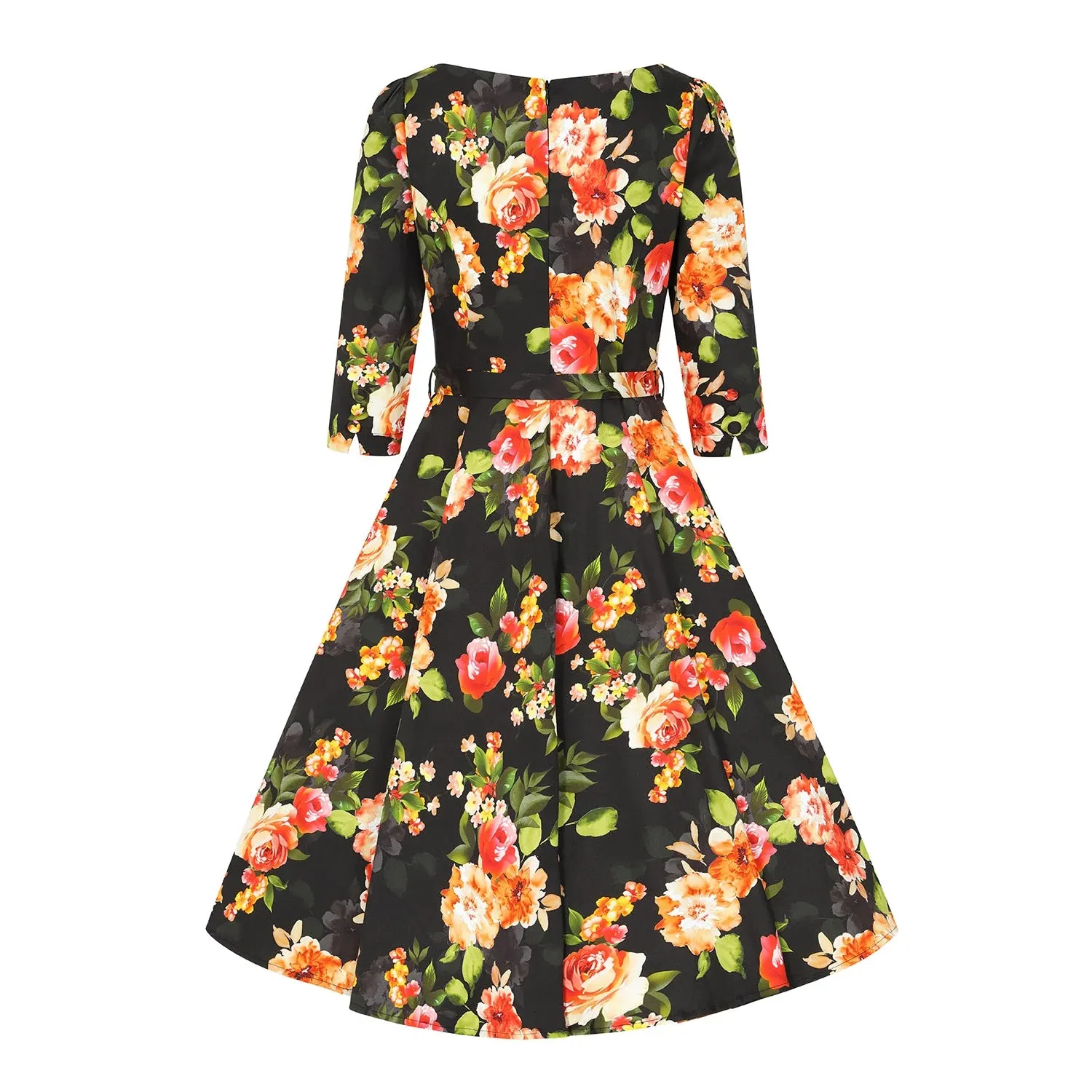 Black Floral Print 50s Swing Tea Dress With Boat Neck & 3/4 Sleeves