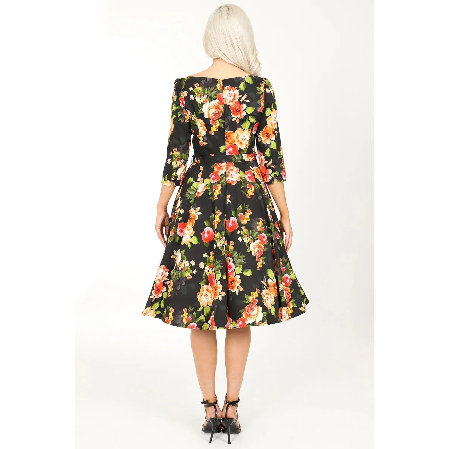 Black Floral Print 50s Swing Tea Dress With Boat Neck & 3/4 Sleeves