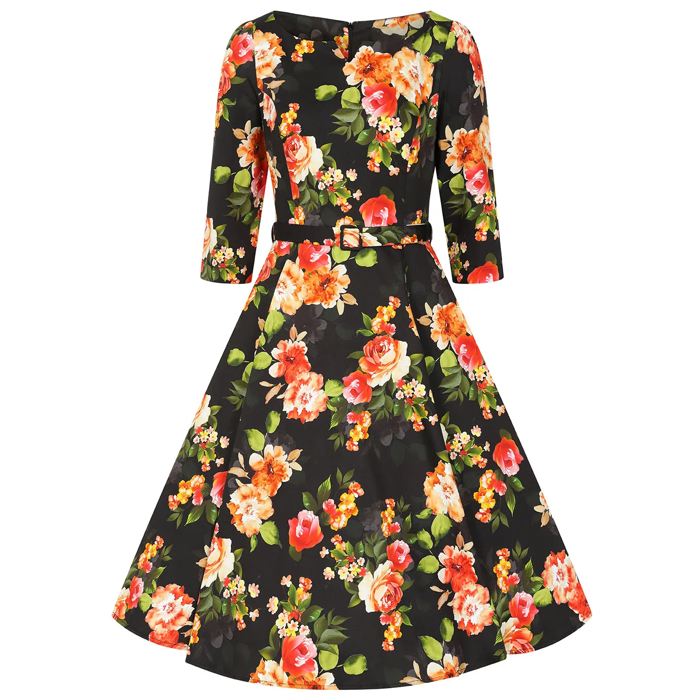 Black Floral Print 50s Swing Tea Dress With Boat Neck & 3/4 Sleeves