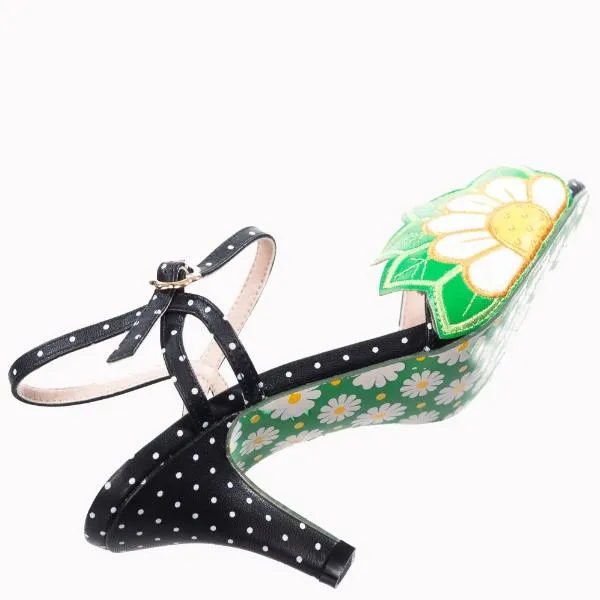 Black Polka Dot Floral Embroidered Open Toe Sandals