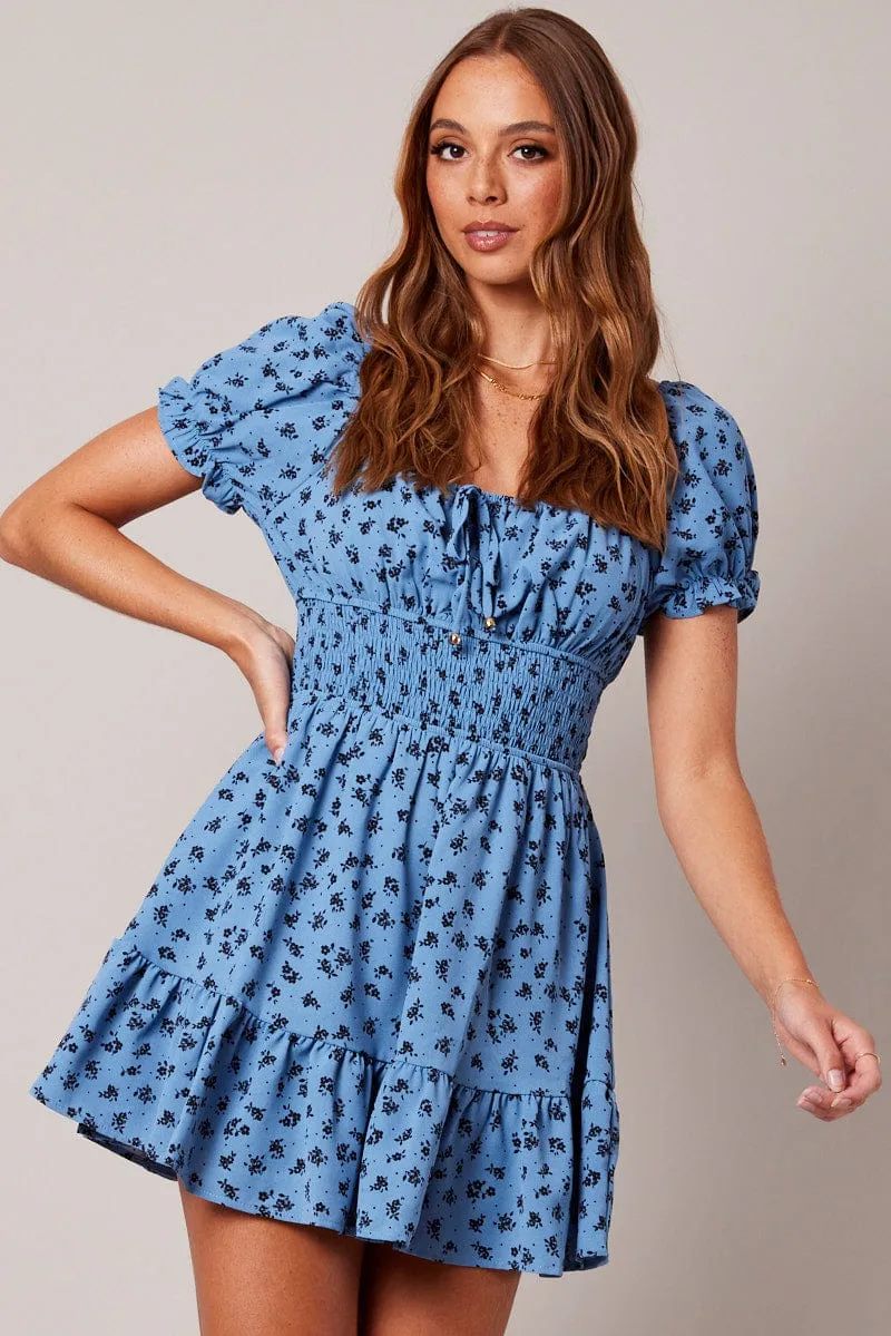 Blue Floral Fit And Flare Dress Puff Sleeve Mini Floral print