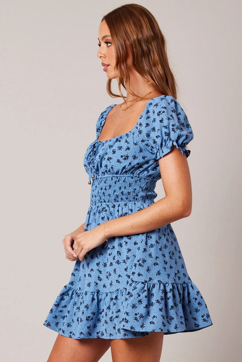 Blue Floral Fit And Flare Dress Puff Sleeve Mini Floral print