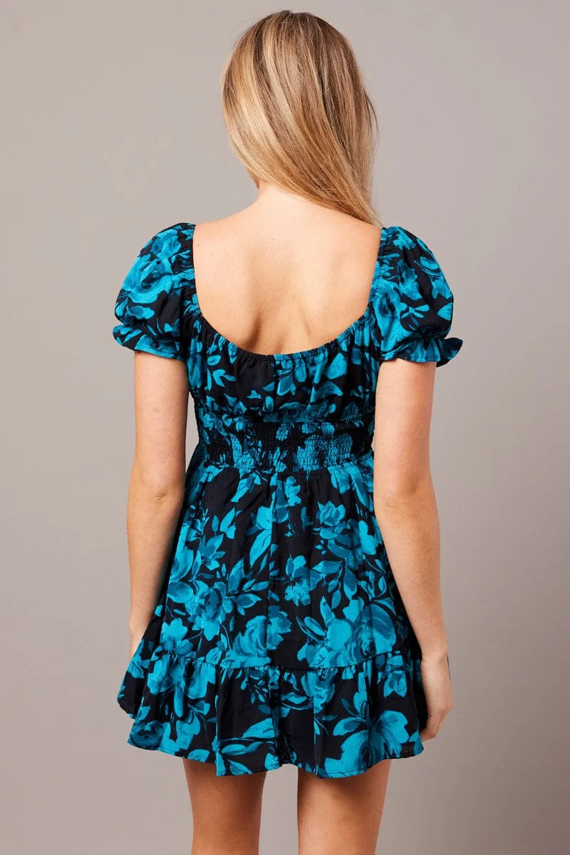 Blue Floral Fit And Flare Dress Puff Sleeve Mini