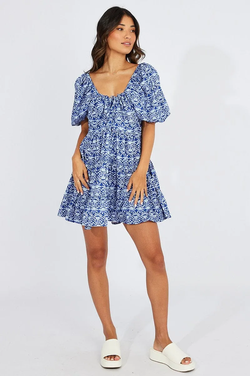 Blue Floral Fit And Flare Mini Dress Puff Sleeve