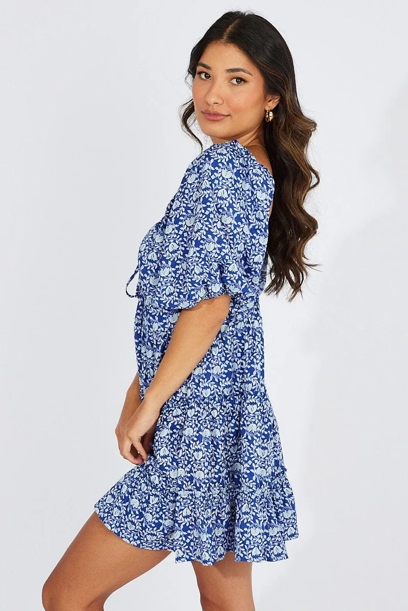 Blue Floral Fit And Flare Mini Dress Puff Sleeve