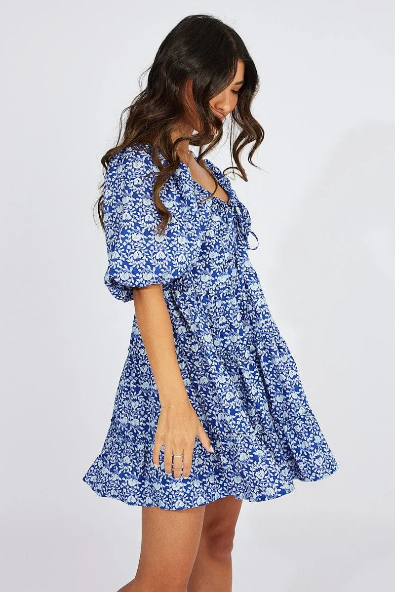 Blue Floral Fit And Flare Mini Dress Puff Sleeve