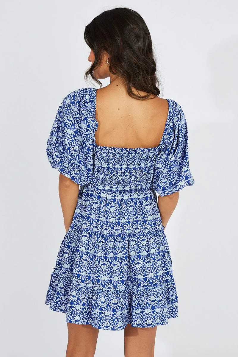 Blue Floral Fit And Flare Mini Dress Puff Sleeve