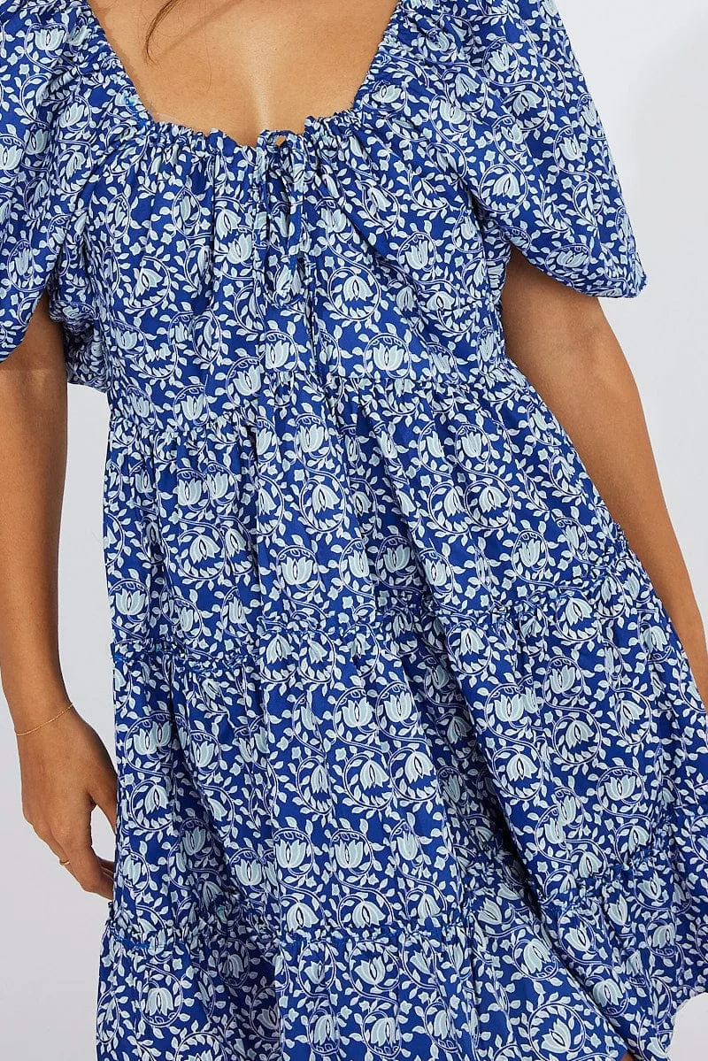 Blue Floral Fit And Flare Mini Dress Puff Sleeve