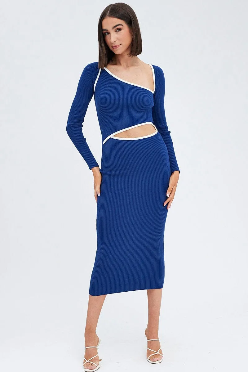 Blue Knit Dress Midi Long Sleeve Cut Out