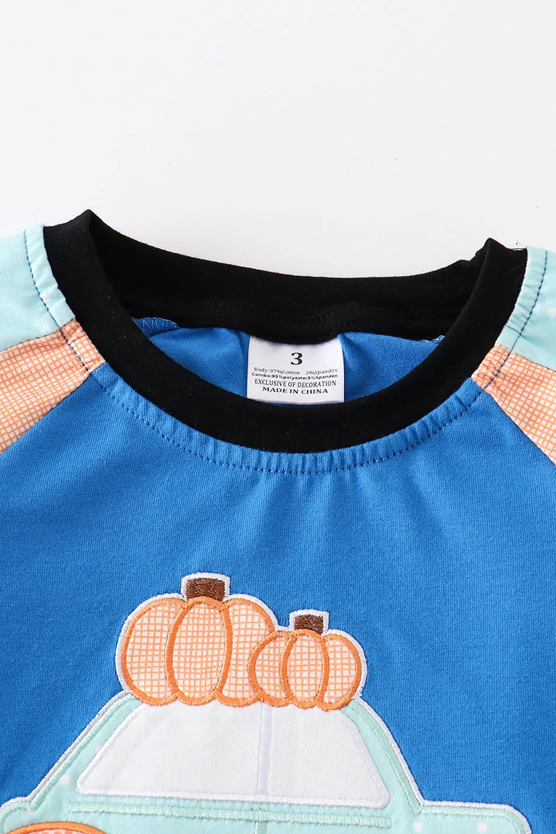 Blue pumpkin car applique boy top