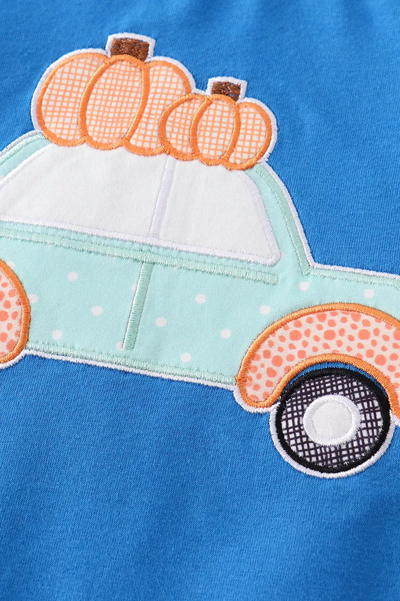 Blue pumpkin car applique boy top