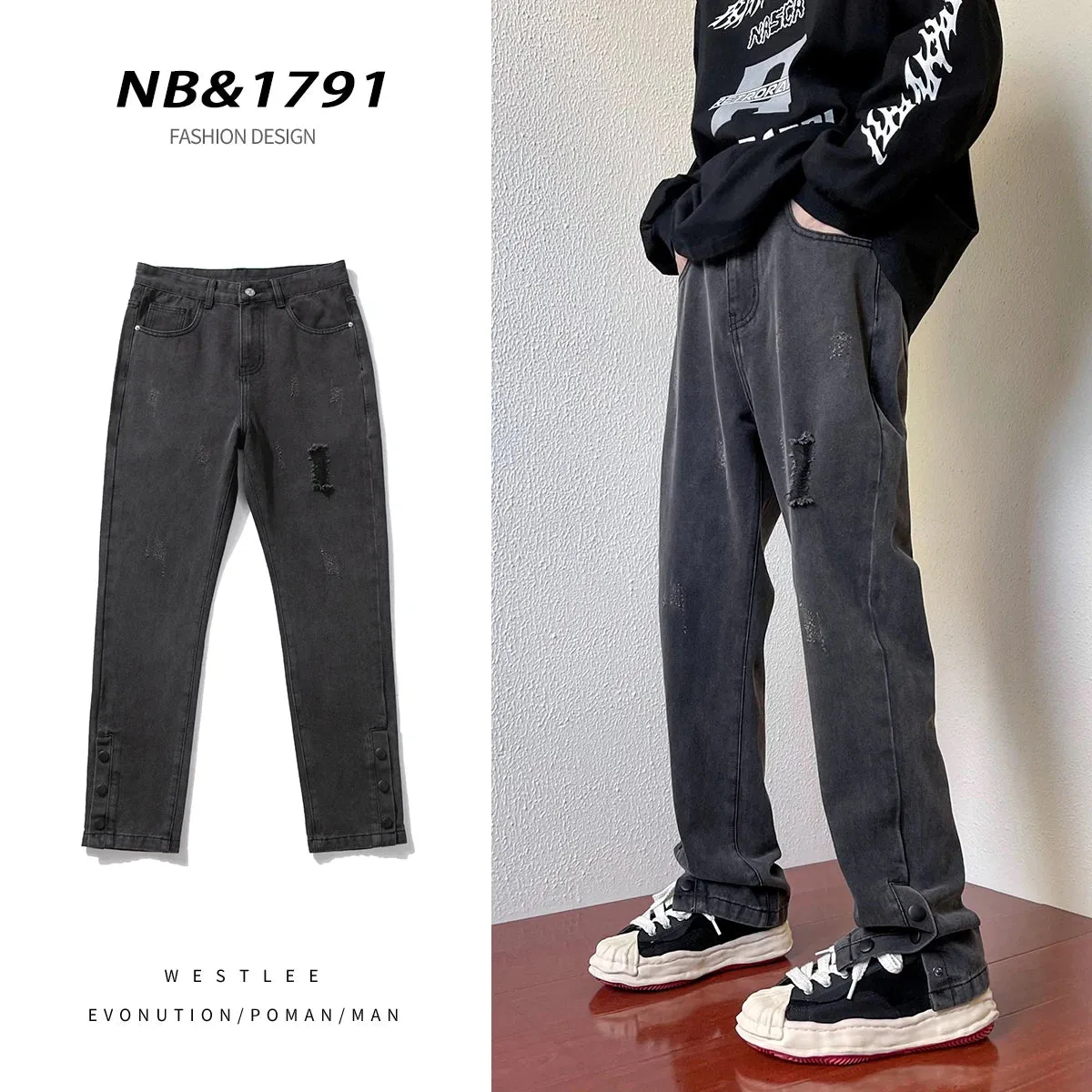 Bonsir American Street Pants Spring and Autumn Slim Fit Black Jeans Men's Side-breasted Slit Ripped Pants Men Clothing