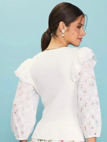 Brooklyn Ruffle Sleeve Eyelet Sweater Top