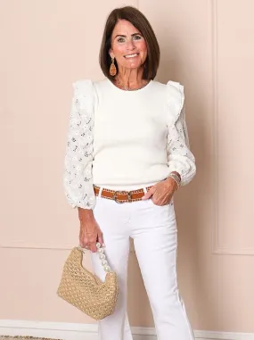 Brooklyn Ruffle Sleeve Eyelet Sweater Top