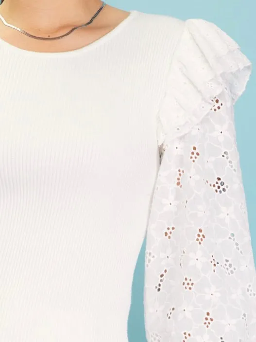 Brooklyn Ruffle Sleeve Eyelet Sweater Top