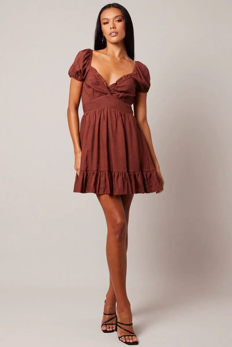 Brown Fit And Flare Dress Puff Sleeve