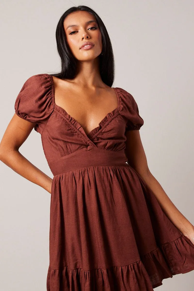 Brown Fit And Flare Dress Puff Sleeve