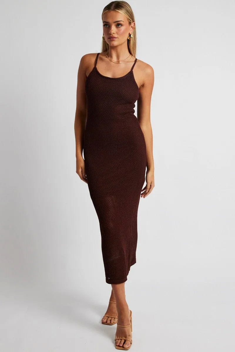 Brown Knit Midi Dress Sleeveless