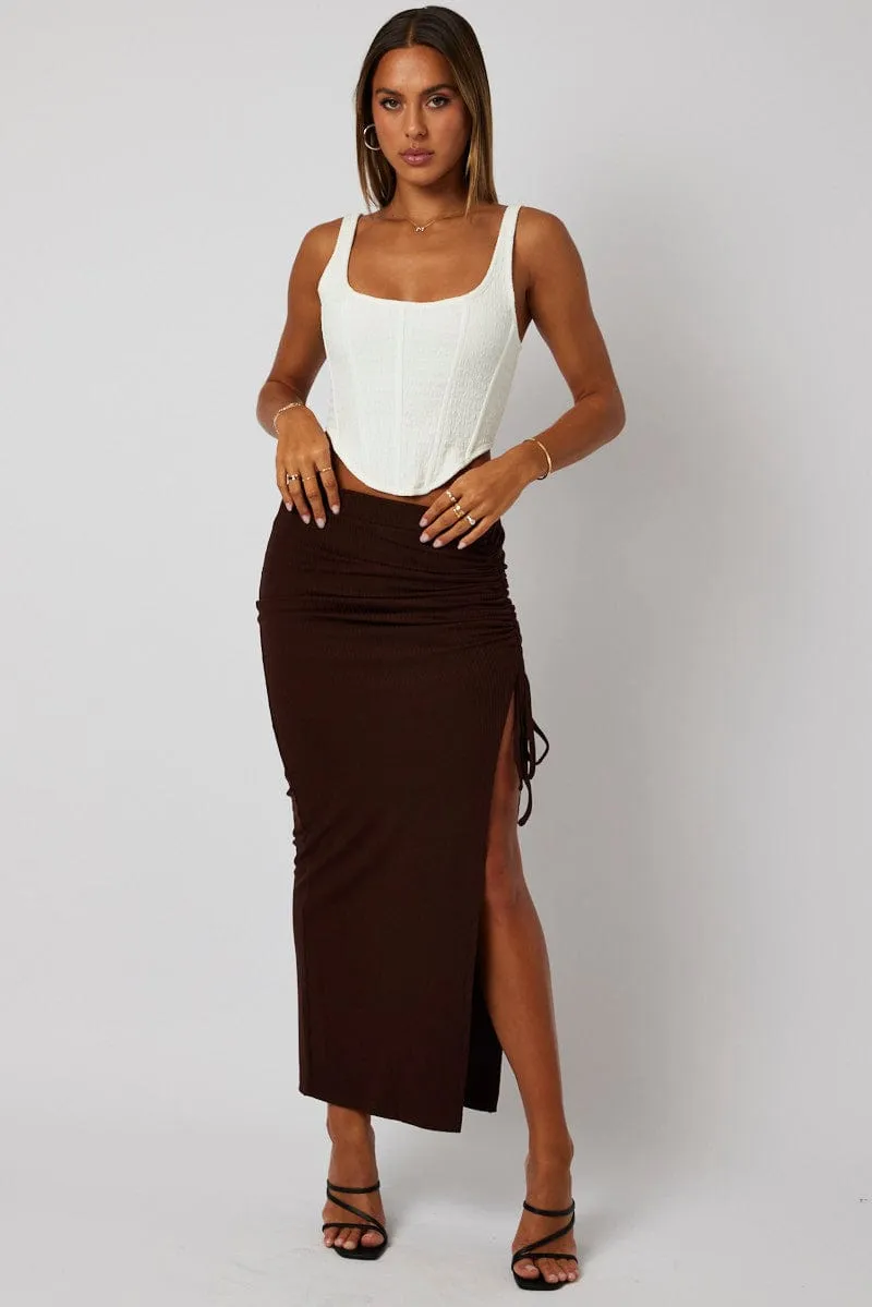 Brown Maxi Skirt Side Split Ribbed