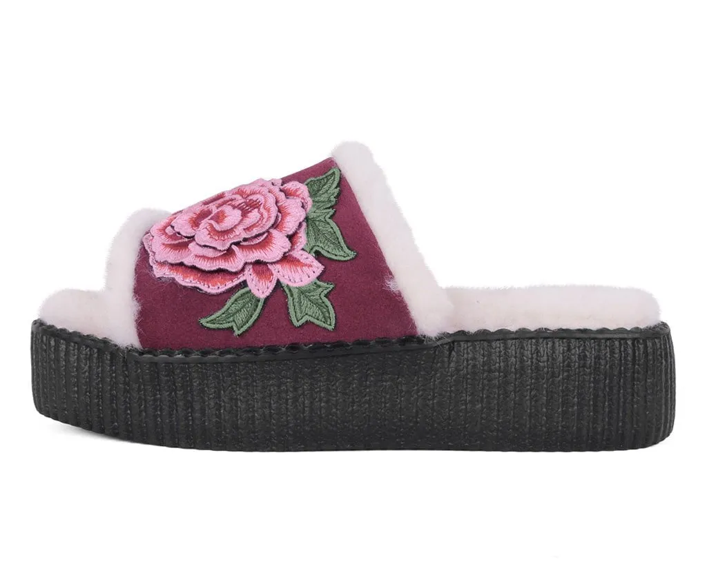 Burgundy Wool Flower Slide