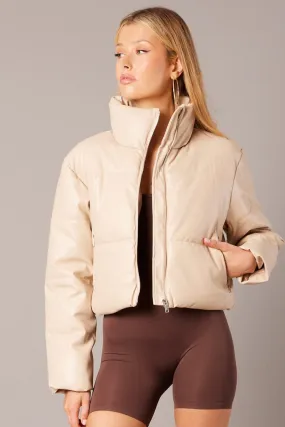 Camel Jacket Zip Thru Long Sleeves Faux Leather