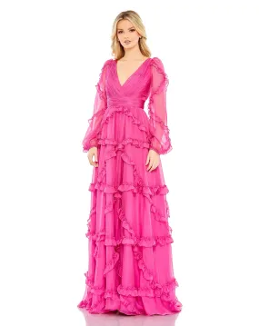 Cascade Ruffle Puff Sleeve A Line Gown