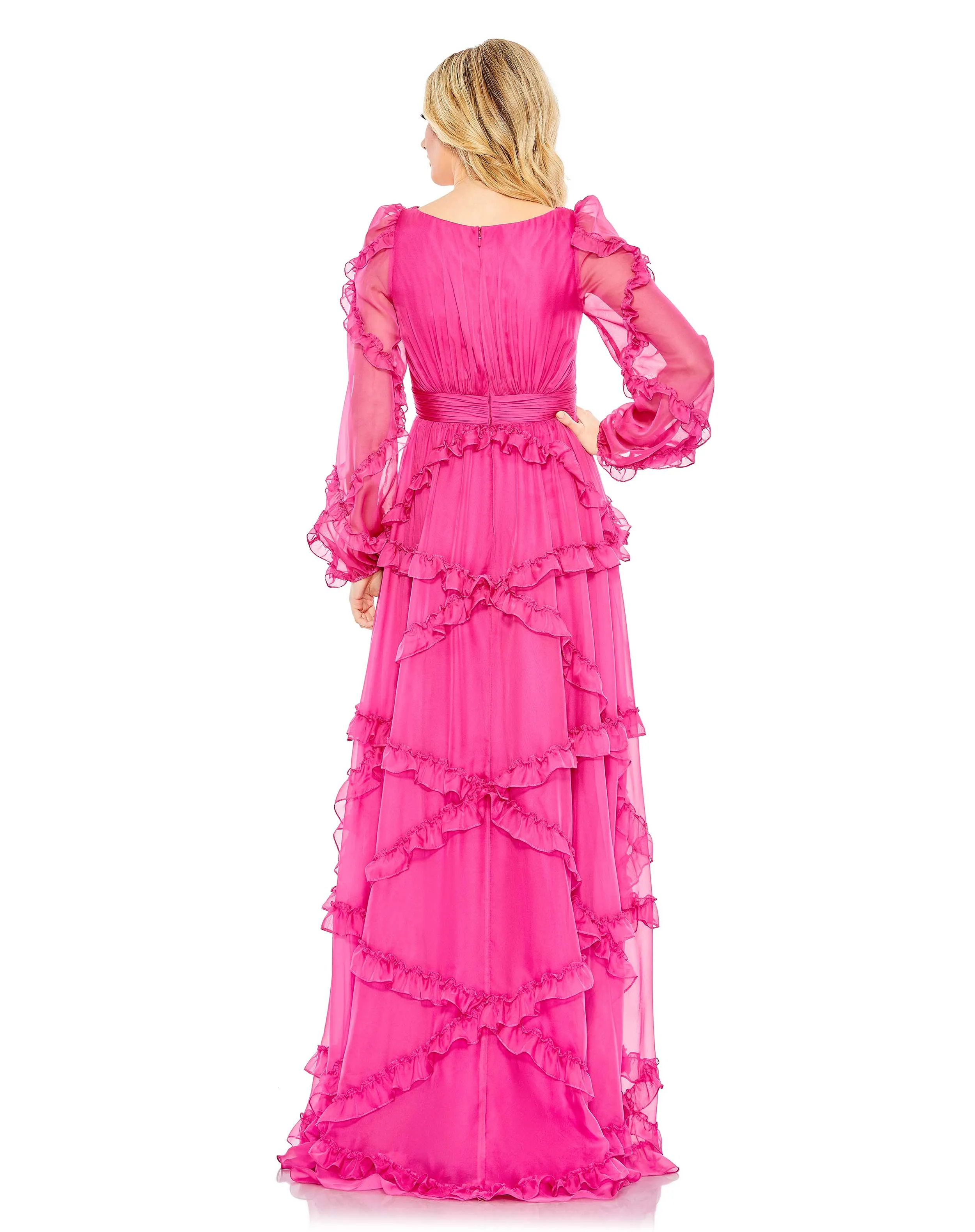 Cascade Ruffle Puff Sleeve A Line Gown