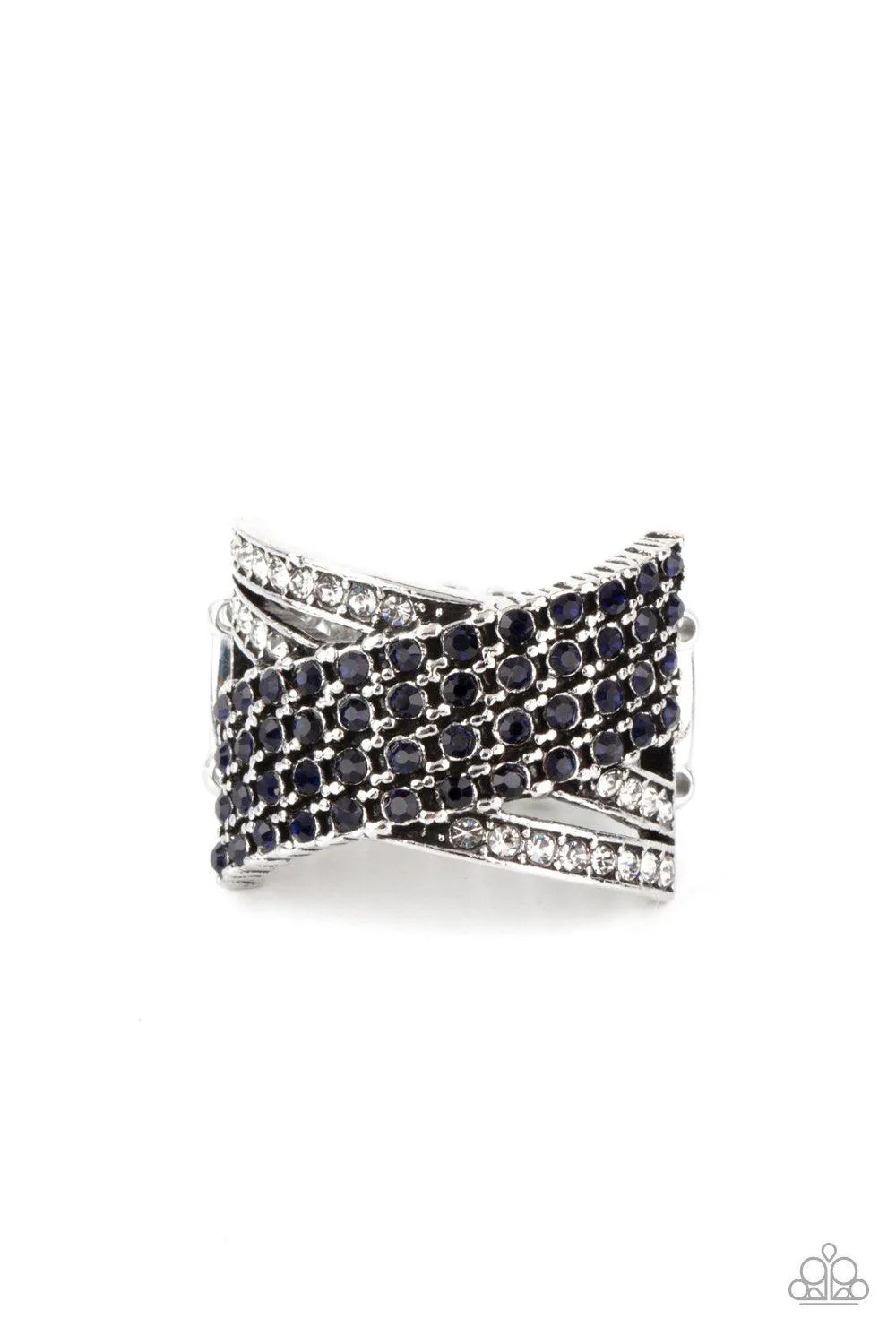 Classic Crossover Blue and White Rhinestone Ring - Paparazzi Accessories