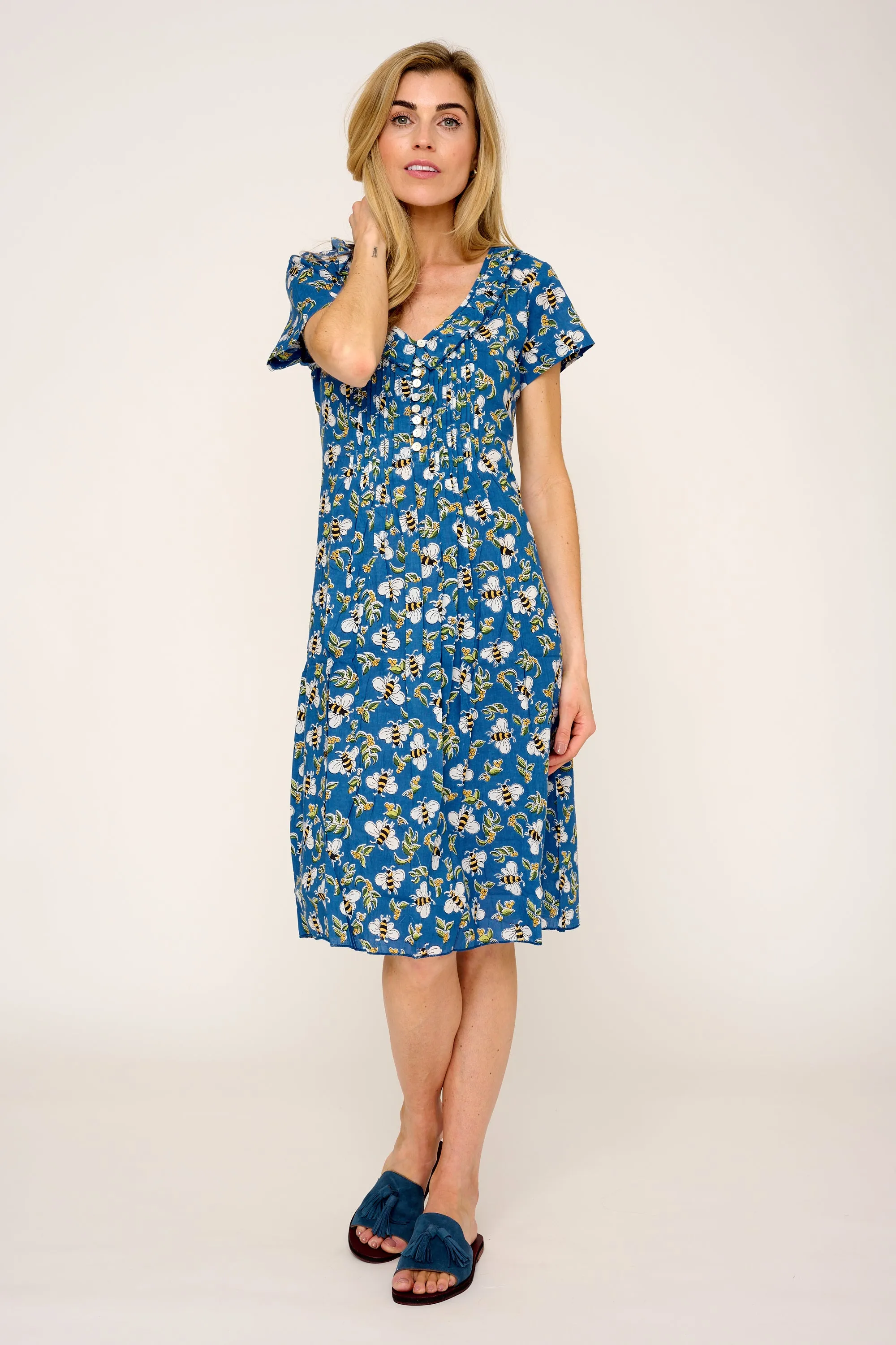 Cotton Karen Short Sleeve Day Dress in Royal Blue Busy Bee