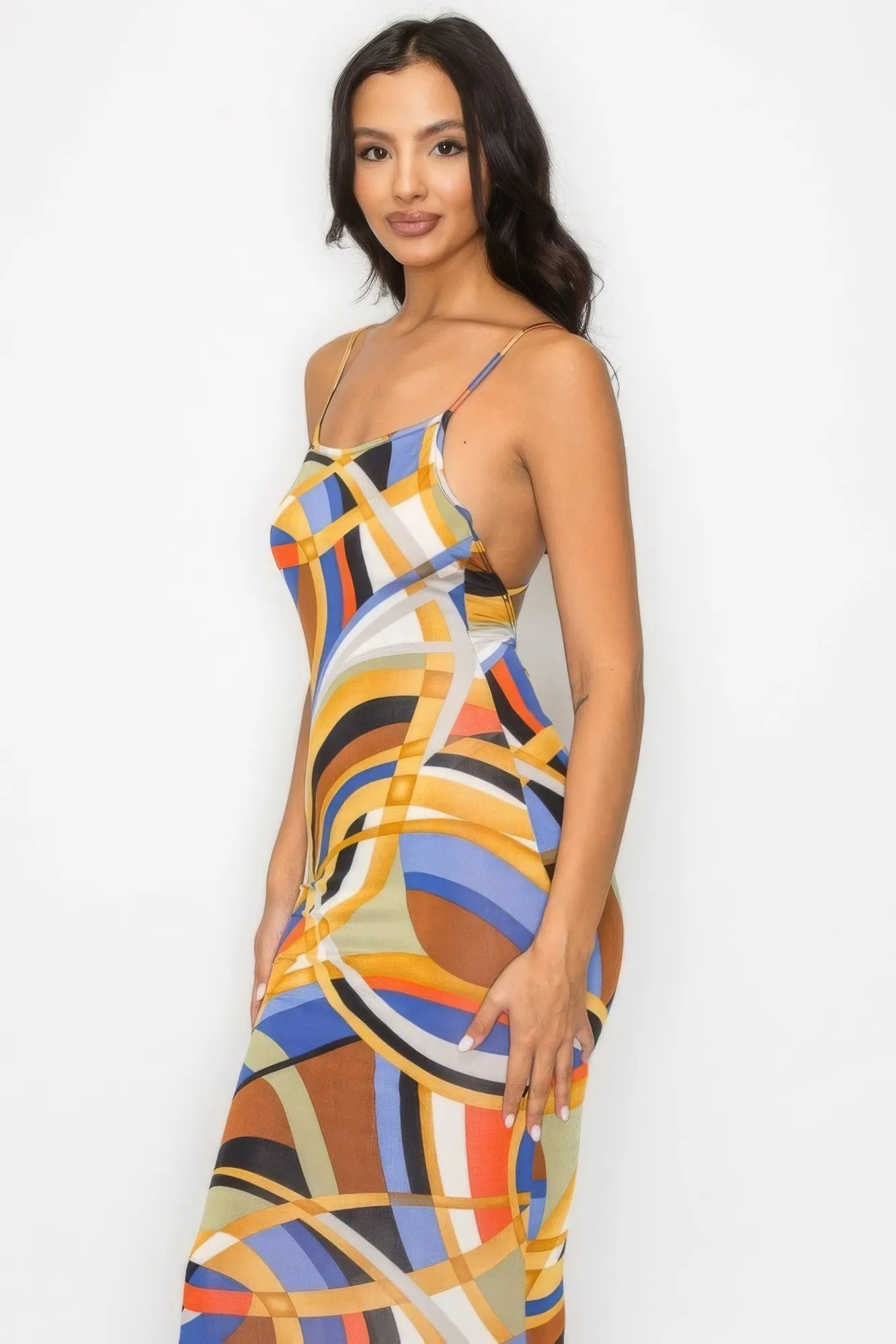 Crossed Back Marble Print Multicolor Midi Dress