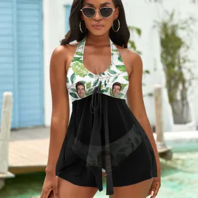 Custom Face Boyfriend Women's Strappy Neck Dress Swimsuit - Green Leaves