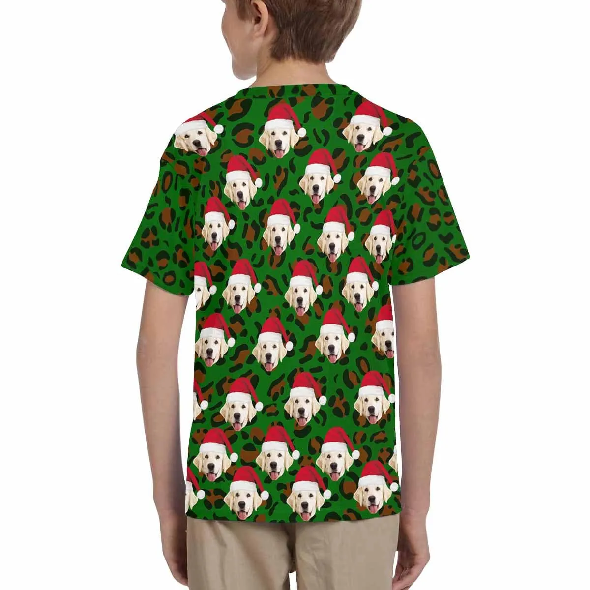 Custom Pet Face Christmas Red Hat Leopard Print Family Matching All Over Print T-shirt