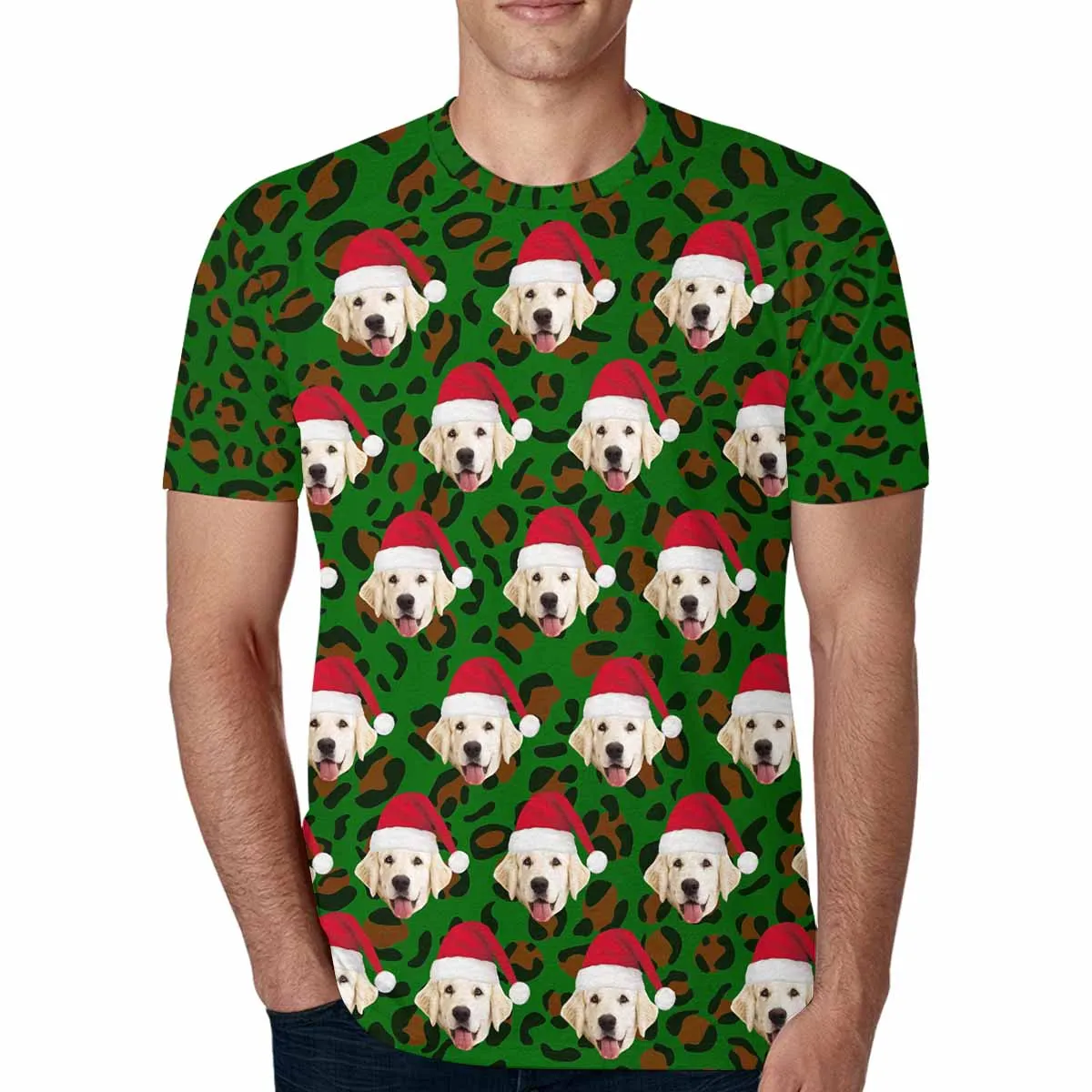 Custom Pet Face Christmas Red Hat Leopard Print Family Matching All Over Print T-shirt