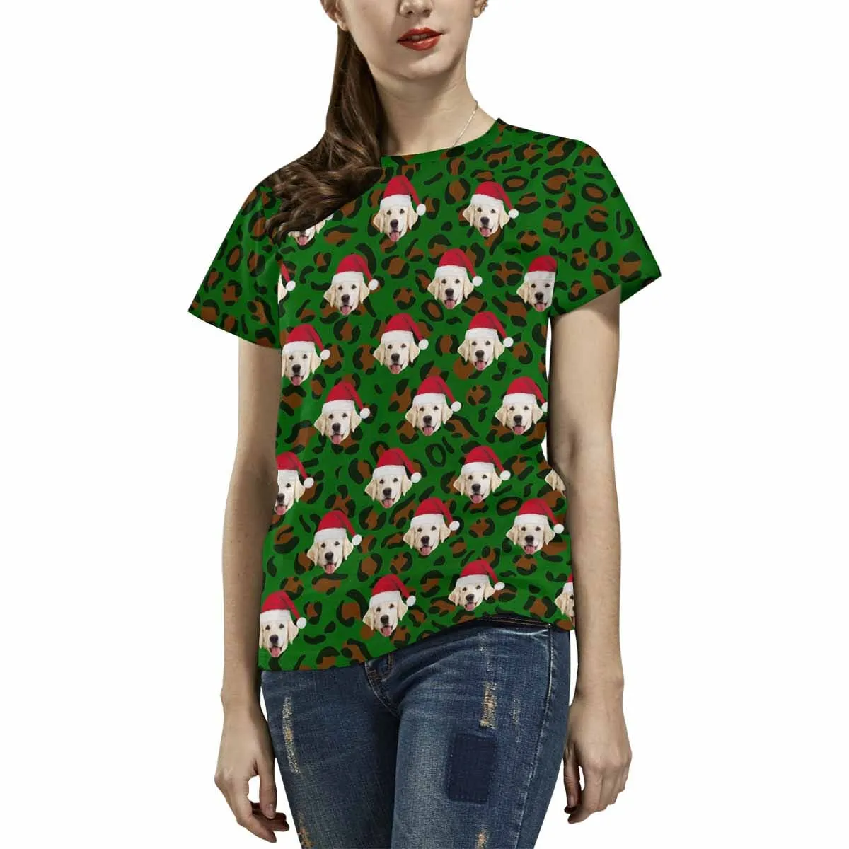 Custom Pet Face Christmas Red Hat Leopard Print Family Matching All Over Print T-shirt