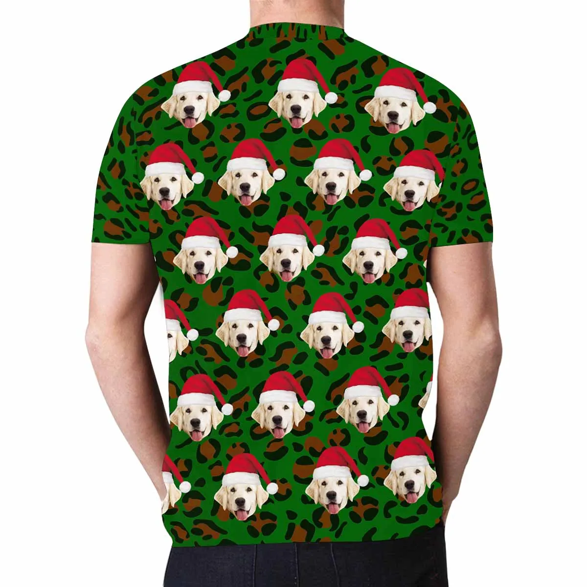 Custom Pet Face Christmas Red Hat Leopard Print Family Matching All Over Print T-shirt