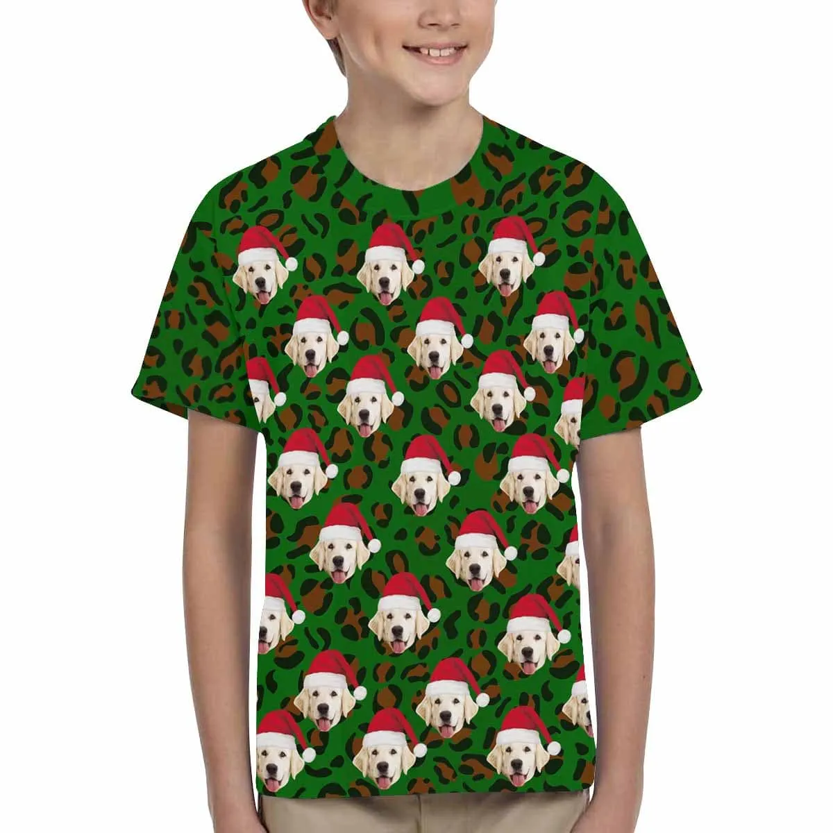 Custom Pet Face Christmas Red Hat Leopard Print Family Matching All Over Print T-shirt