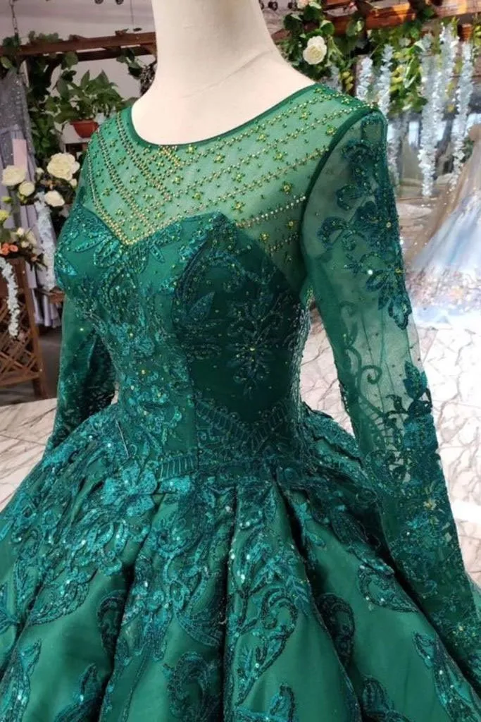 Dark Green Long Sleeves Ball Gown Prom Dress with Beads Lace up Quinceanera Dresses