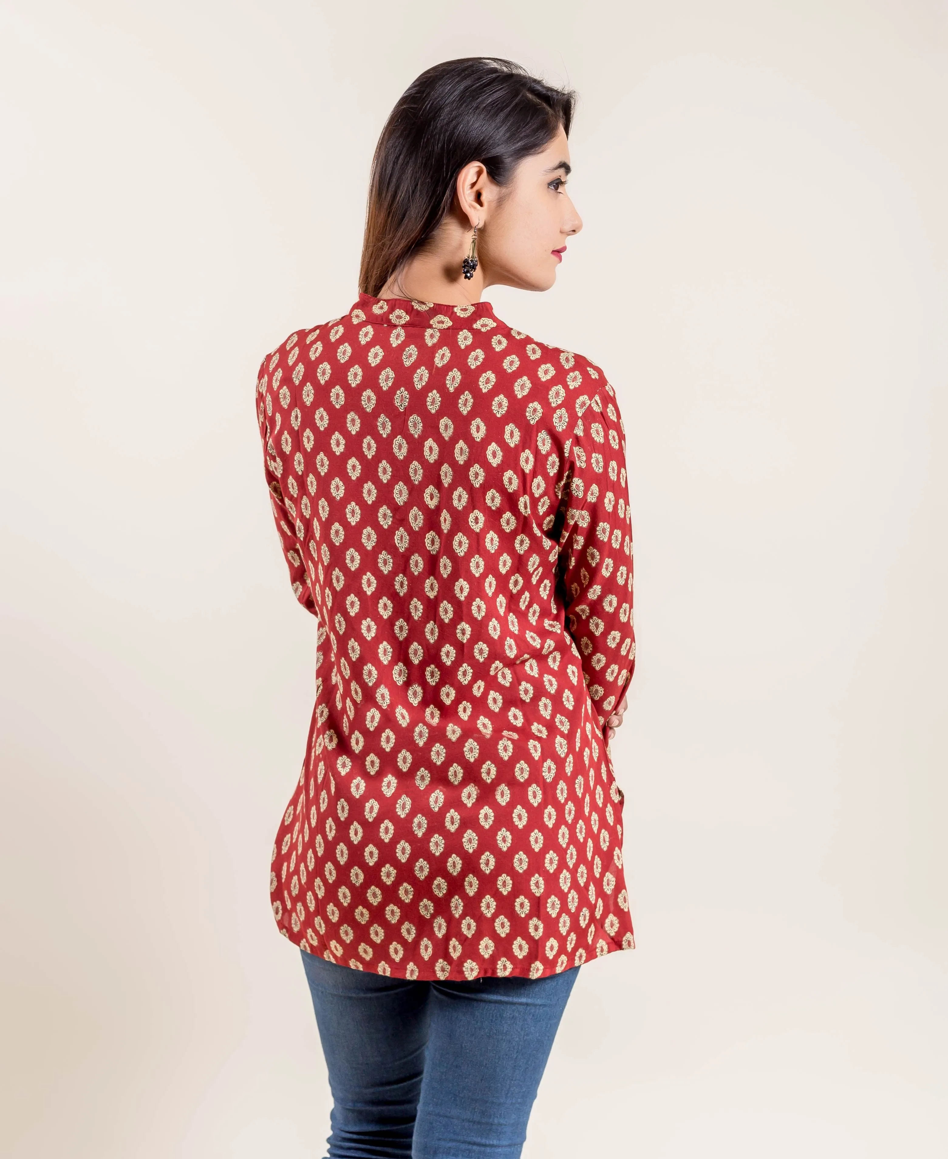 Dark Red Stylized Mandarin Hand Block Printed Short Kurta Top