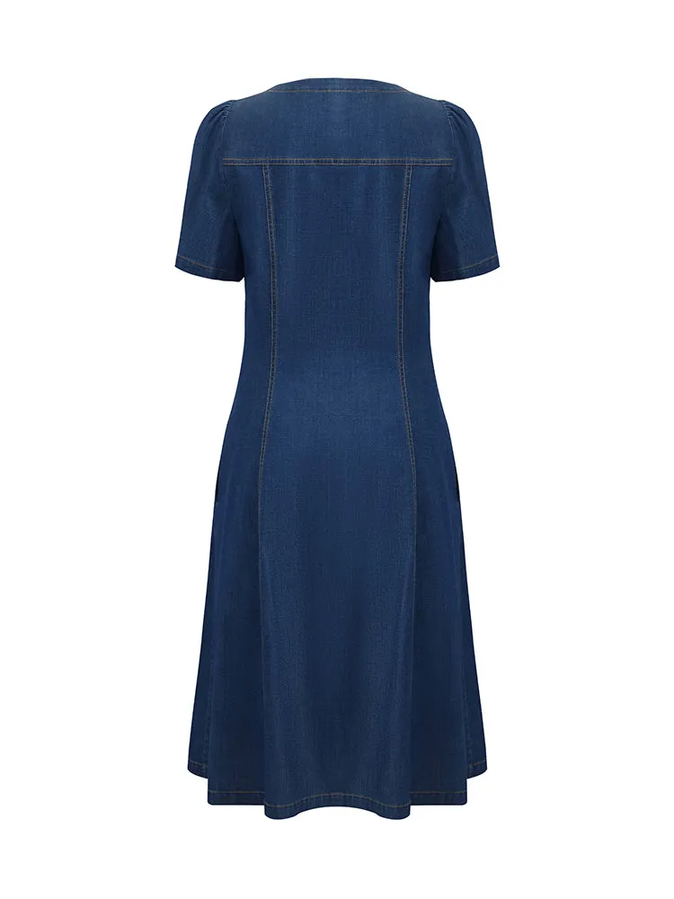 Denim Puff Sleeves Single-Breasted Women Midi Dress