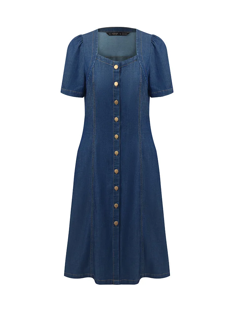 Denim Puff Sleeves Single-Breasted Women Midi Dress