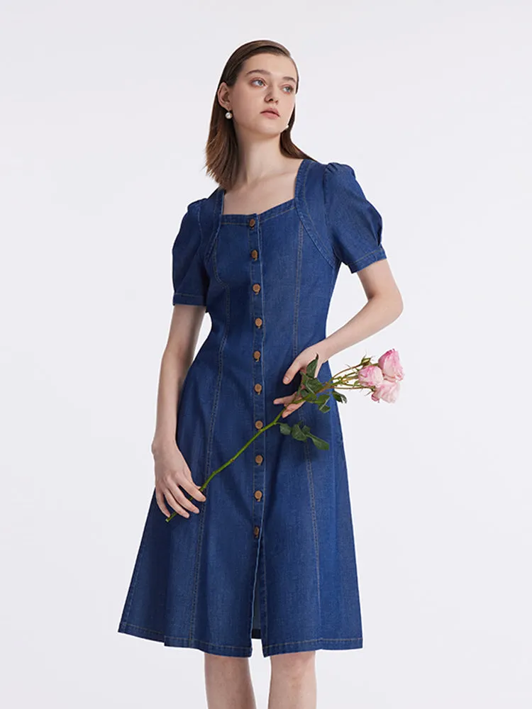 Denim Puff Sleeves Single-Breasted Women Midi Dress